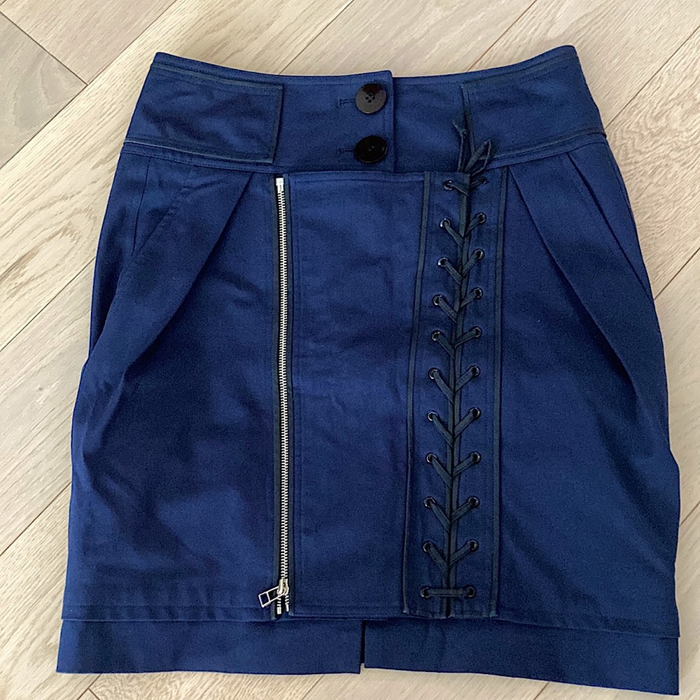 Bondage-goth style dark blue skirt with black piping